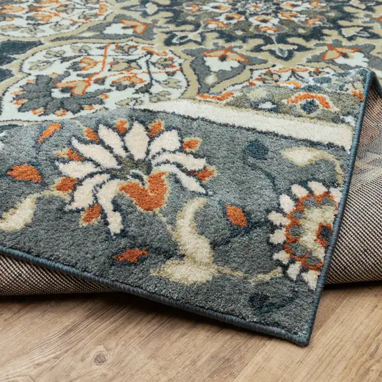 Blue and Beige Floral Medallion Indoor Runner Rug Photo 9