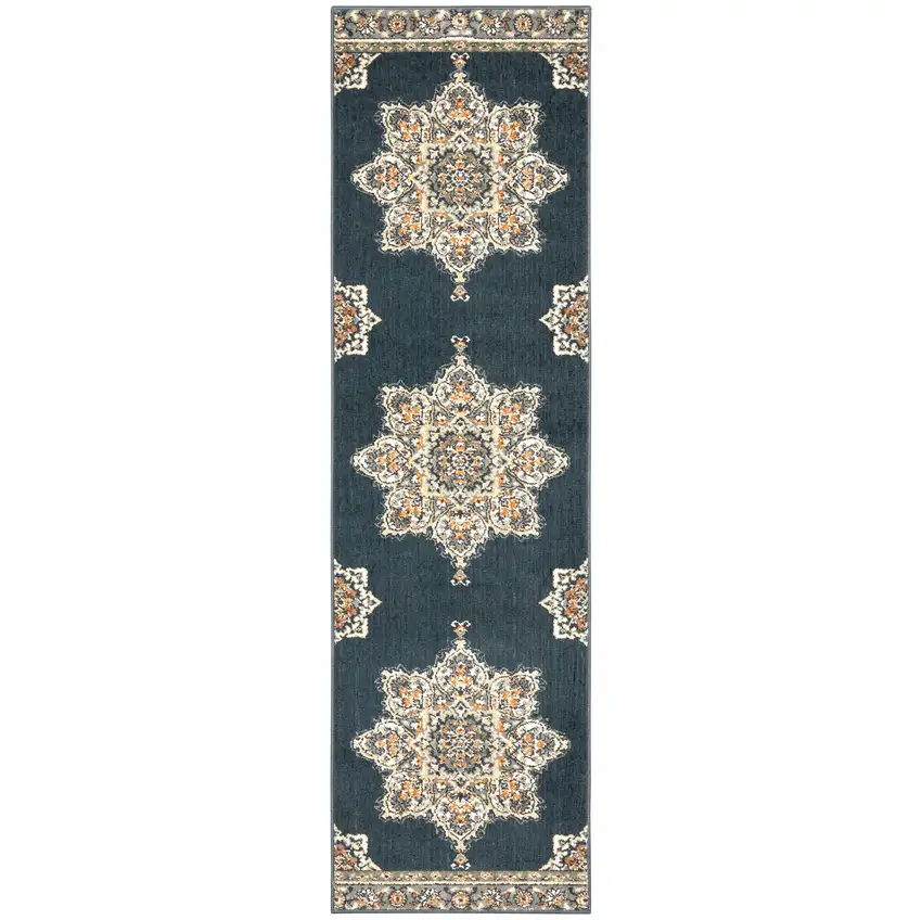 Blue and Beige Floral Medallion Indoor Runner Rug Photo 1