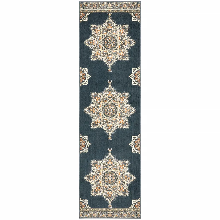 Blue and Beige Floral Medallion Indoor Runner Rug Photo 1
