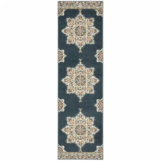 Blue and Beige Floral Medallion Indoor Runner Rug Photo 1