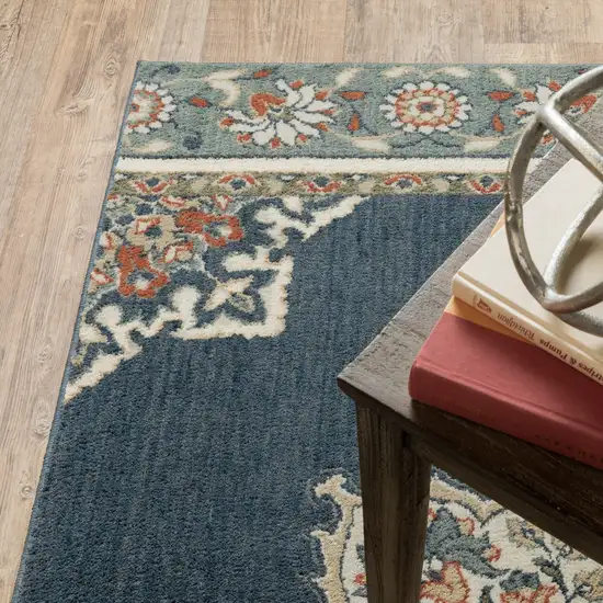 Blue and Beige Floral Medallion Indoor Runner Rug Photo 7