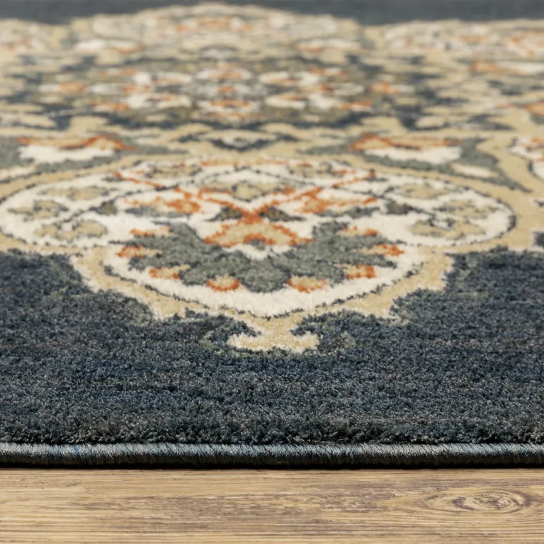 Blue and Beige Floral Medallion Indoor Runner Rug Photo 2