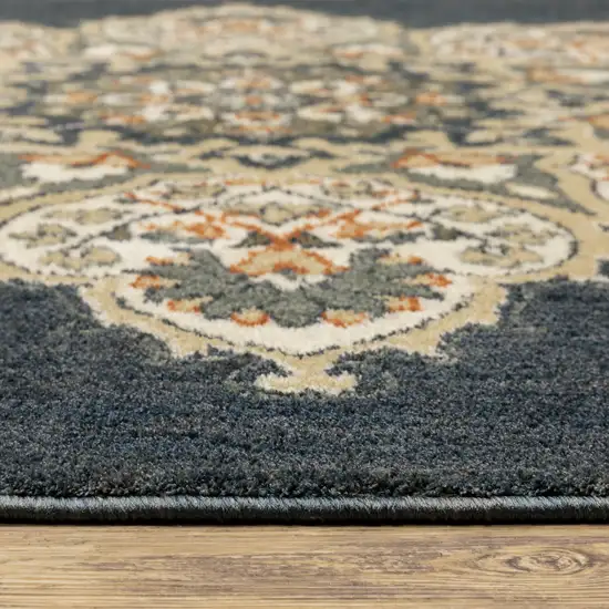 Blue and Beige Floral Medallion Indoor Runner Rug Photo 2