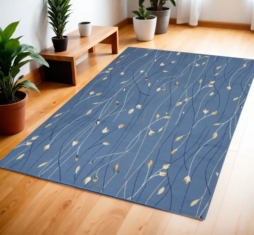 Blue and Beige Floral Power Loom Area Rug Photo 1