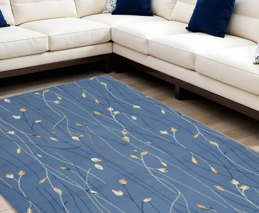 Blue and Beige Floral Power Loom Area Rug Photo 1