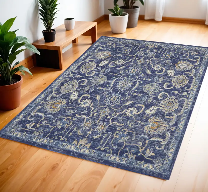 Blue and Beige Floral Power Loom Area Rug Photo 1