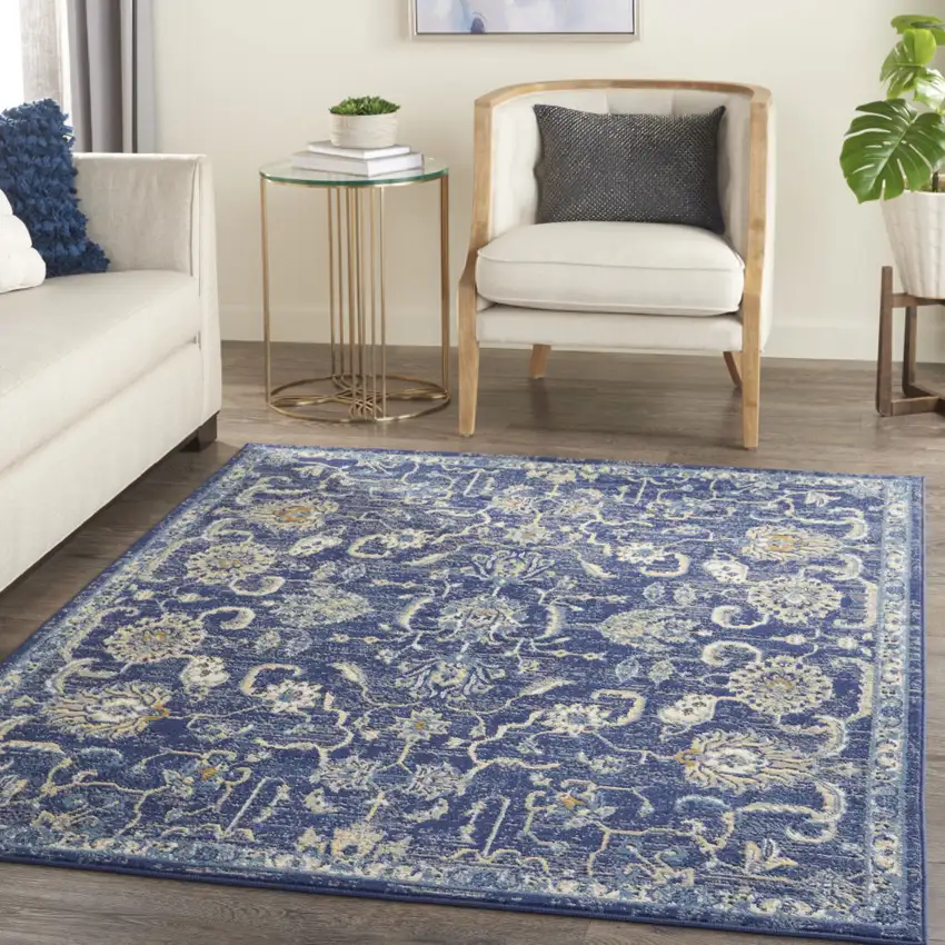 Blue and Beige Floral Power Loom Area Rug Photo 5
