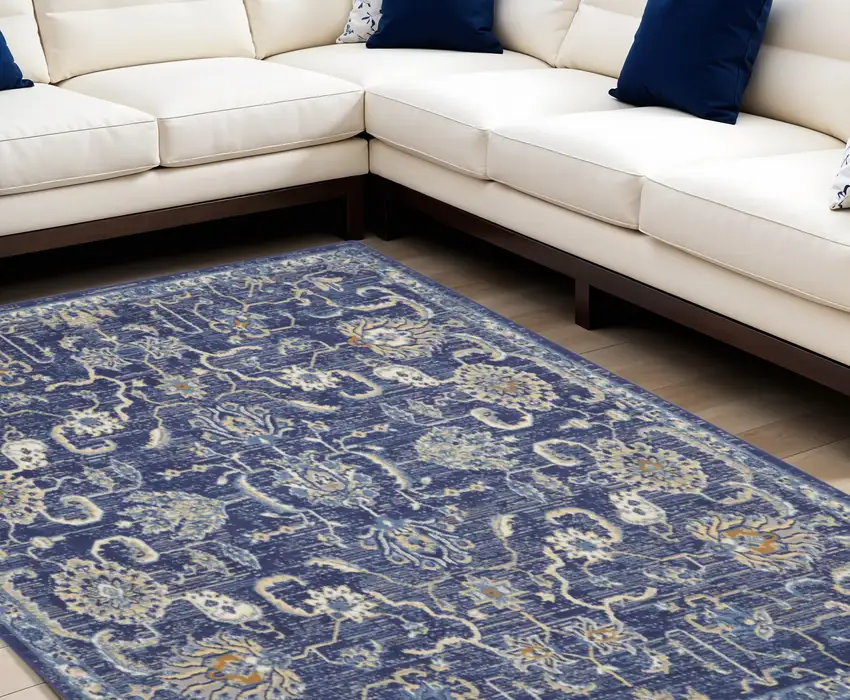 Blue and Beige Floral Power Loom Area Rug Photo 1