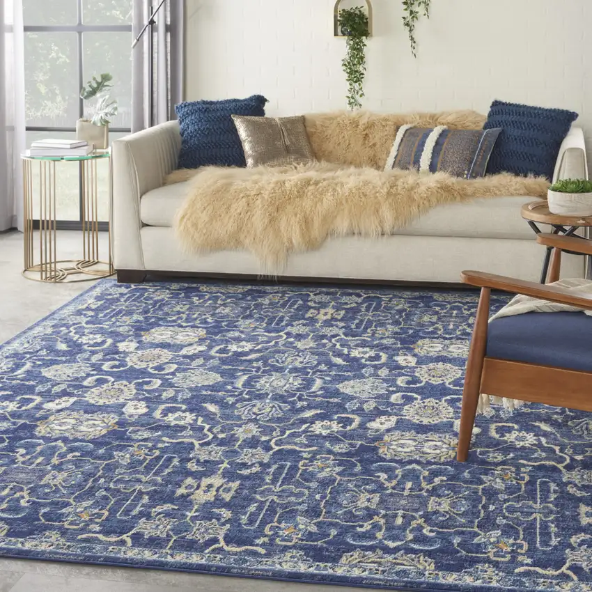 Blue and Beige Floral Power Loom Area Rug Photo 5