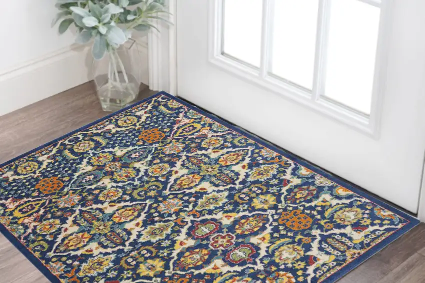 Blue and Beige Floral Power Loom Area Rug Photo 1