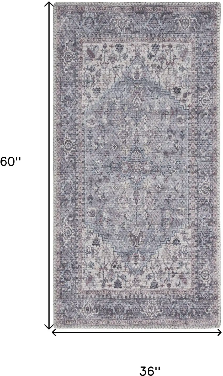 Blue and Beige Floral Power Loom Distressed Area Rug Photo 3
