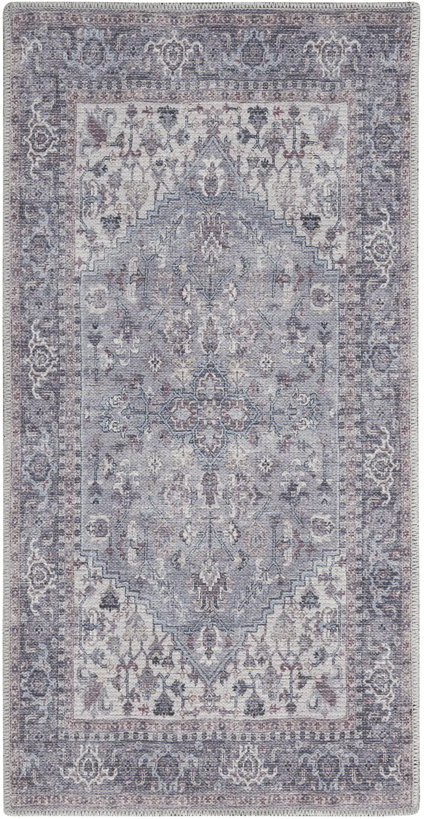Blue and Beige Floral Power Loom Distressed Area Rug Photo 2