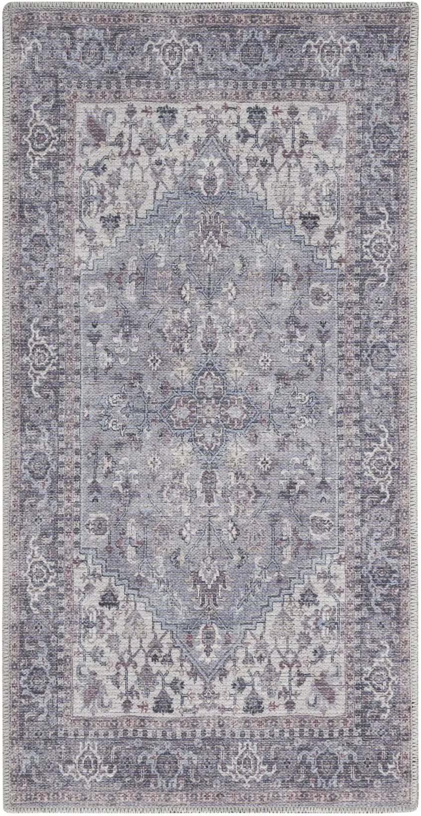 Blue and Beige Floral Power Loom Distressed Area Rug Photo 7