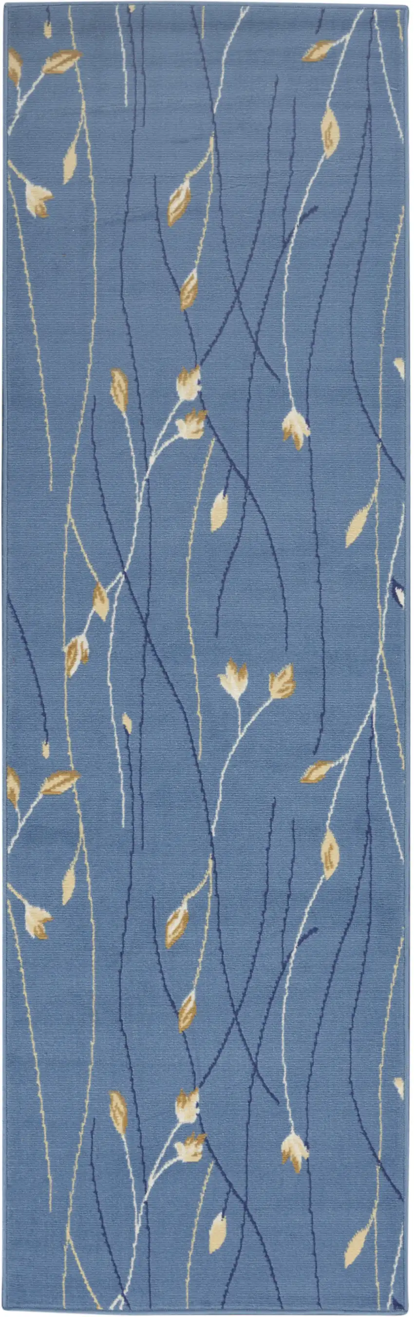Blue and Beige Floral Power Loom Runner Rug Photo 2