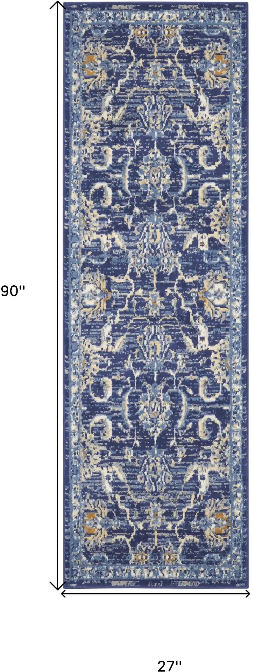Blue and Beige Floral Power Loom Runner Rug Photo 3