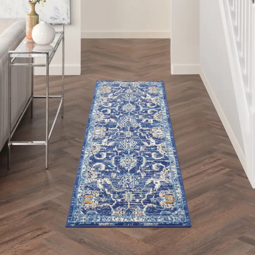 8' Blue And Beige Floral Runner Rug Photo 3