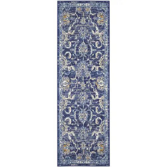8' Blue And Beige Floral Runner Rug Photo 8