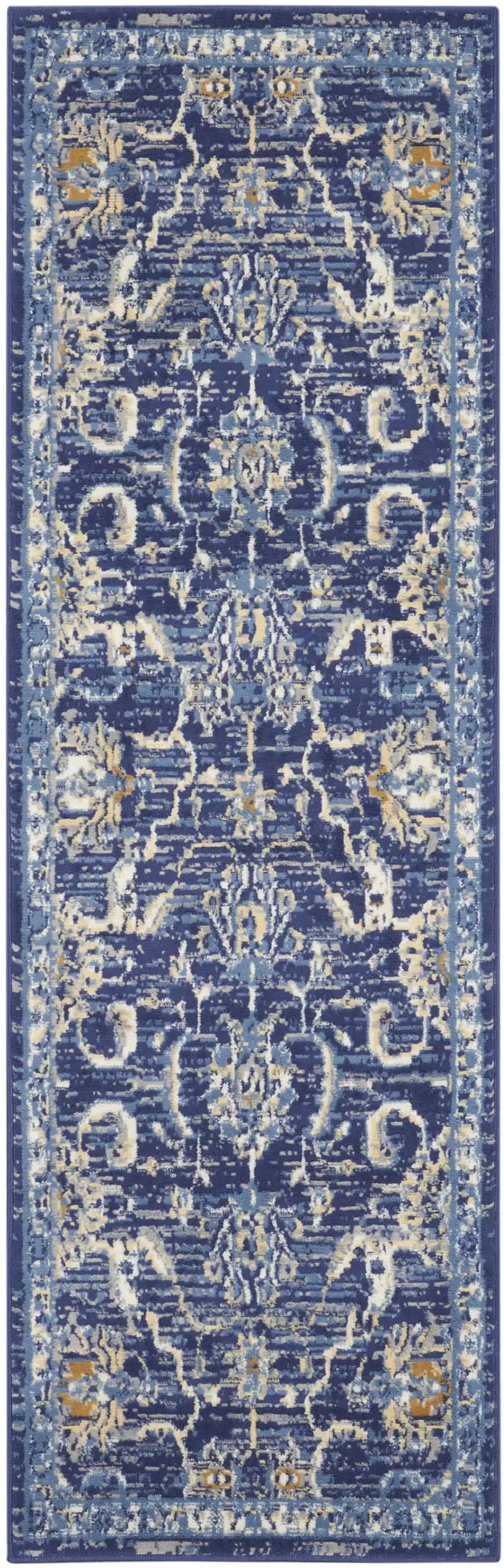 8' Blue And Beige Floral Runner Rug Photo 8