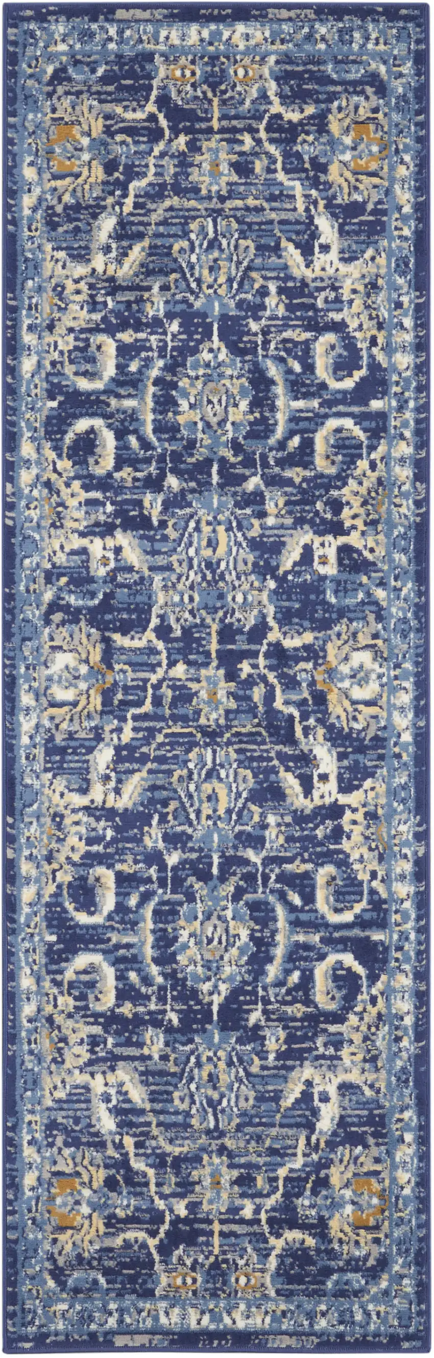 Blue and Beige Floral Power Loom Runner Rug Photo 2