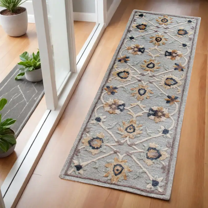 2' X 7' Blue And Beige Floral Runner Rug Photo 2