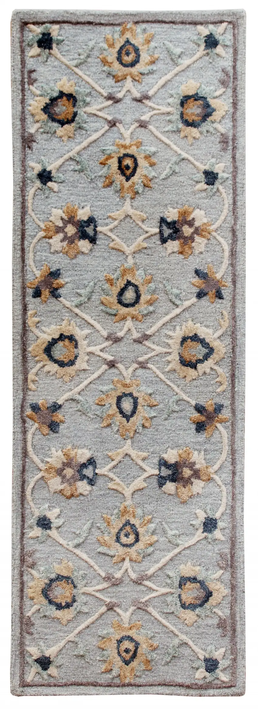 Blue and Beige Floral Runner Rug Photo 1