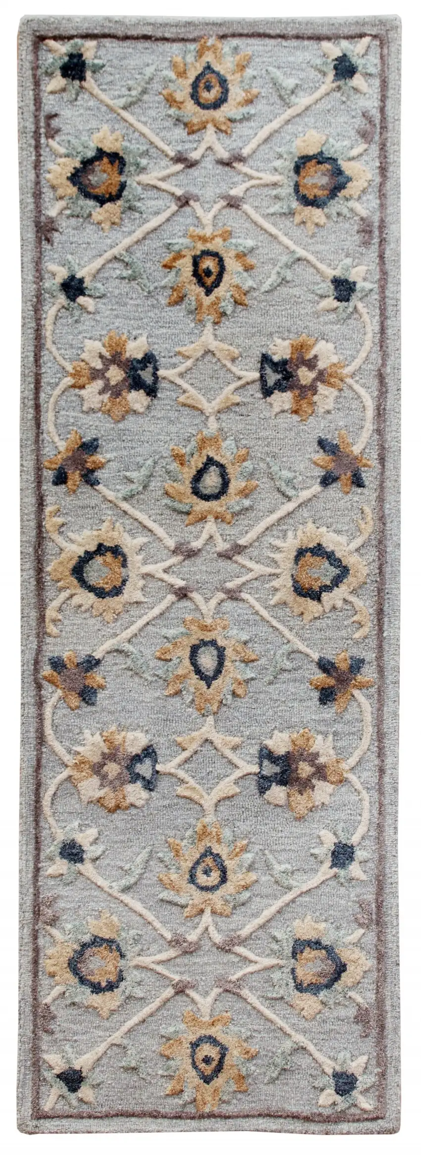 Blue and Beige Floral Runner Rug Photo 2