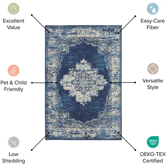 Blue and Beige Floral Vines Power Loom Area Rug Photo 6