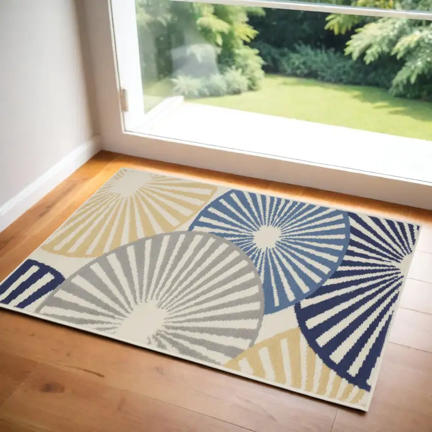 Blue and Beige Geometric Power Loom Area Rug Photo 2