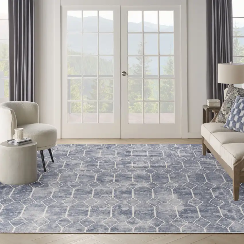 Blue and Beige Geometric Power Loom Washable Area Rug Photo 5