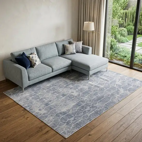 Blue and Beige Geometric Power Loom Washable Area Rug Photo 1