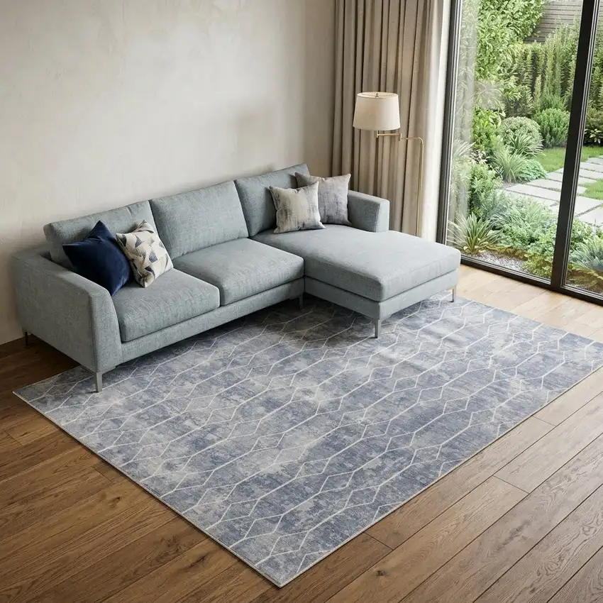 Blue and Beige Geometric Power Loom Washable Area Rug Photo 1