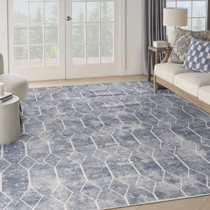 Blue and Beige Geometric Power Loom Washable Area Rug Photo 4