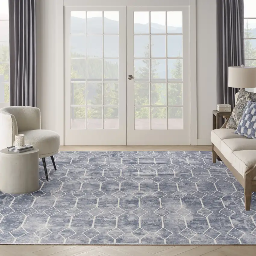 Blue and Beige Geometric Power Loom Washable Area Rug Photo 8