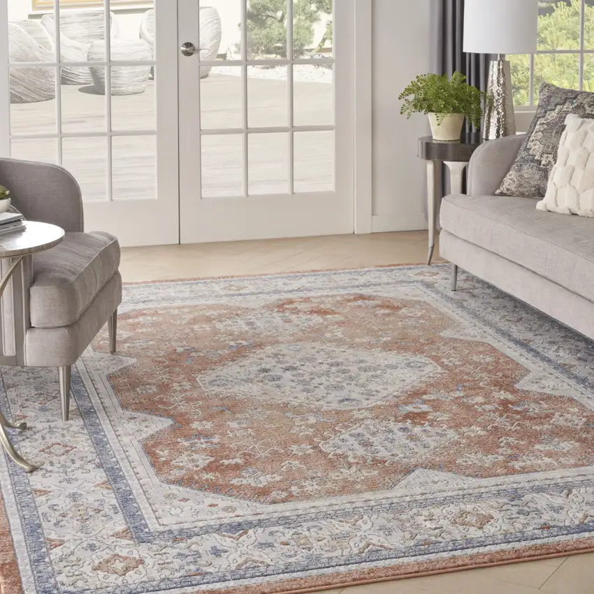 Blue and Beige Oriental Power Loom Area Rug Photo 8