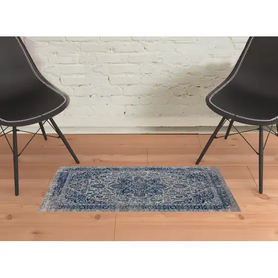 Blue and Beige Oriental Power Loom Area Rug Photo 2