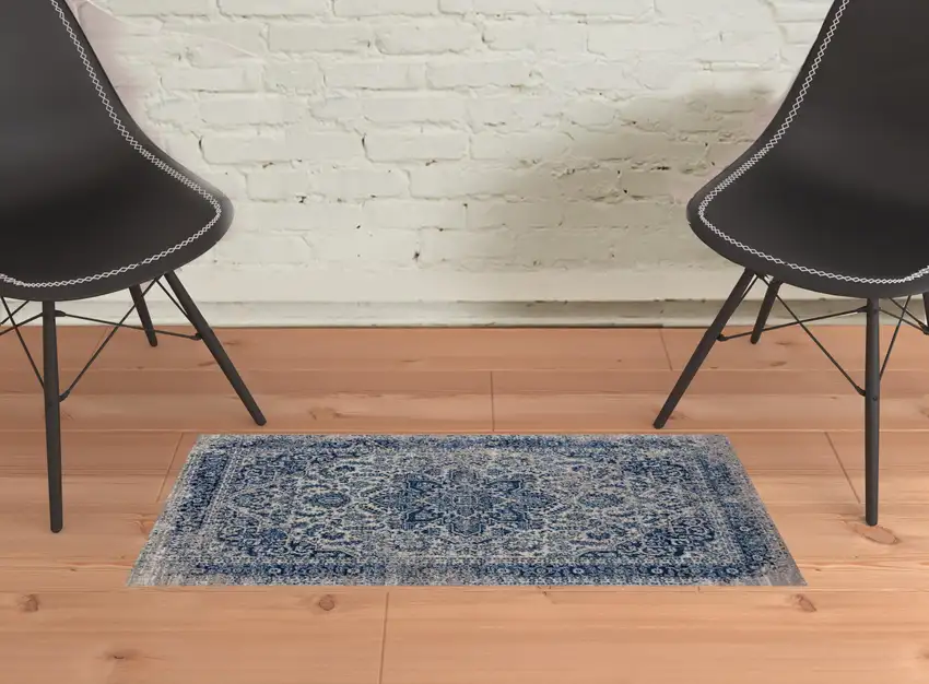 Blue and Beige Oriental Power Loom Area Rug Photo 2