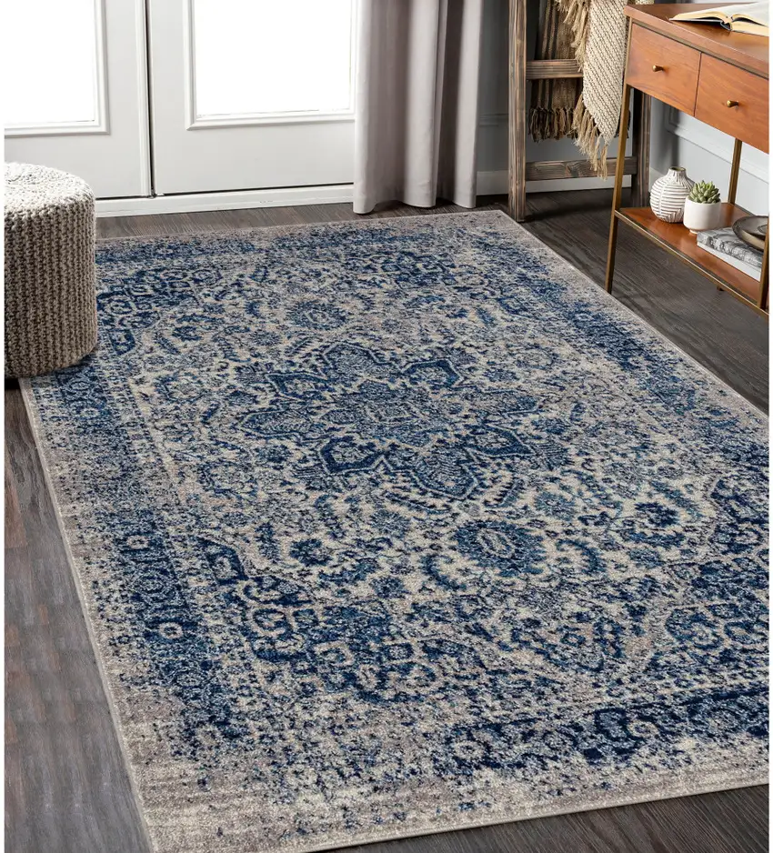 Blue and Beige Oriental Power Loom Area Rug Photo 3