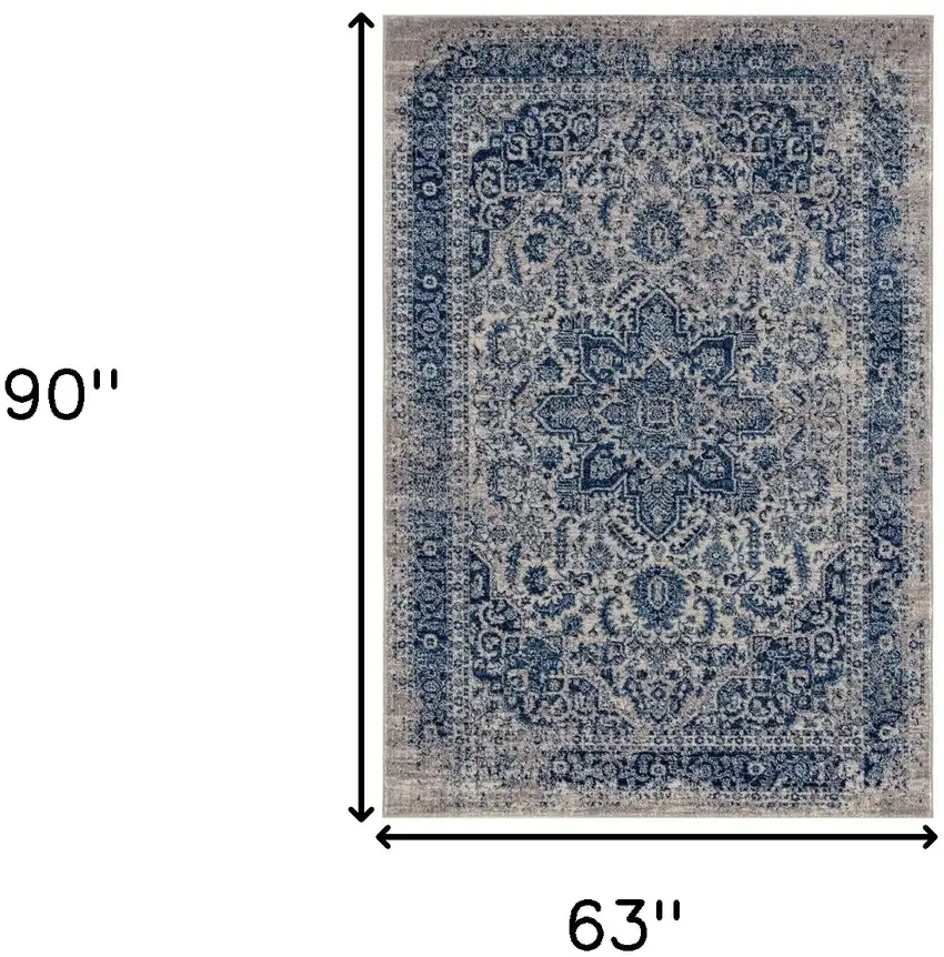 Blue and Beige Oriental Power Loom Area Rug Photo 4