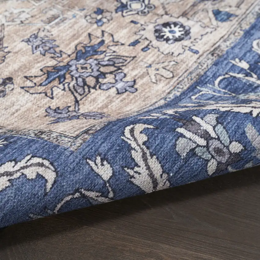 Blue and Beige Oriental Power Loom Distressed Washable Non Skid Area Rug Photo 9