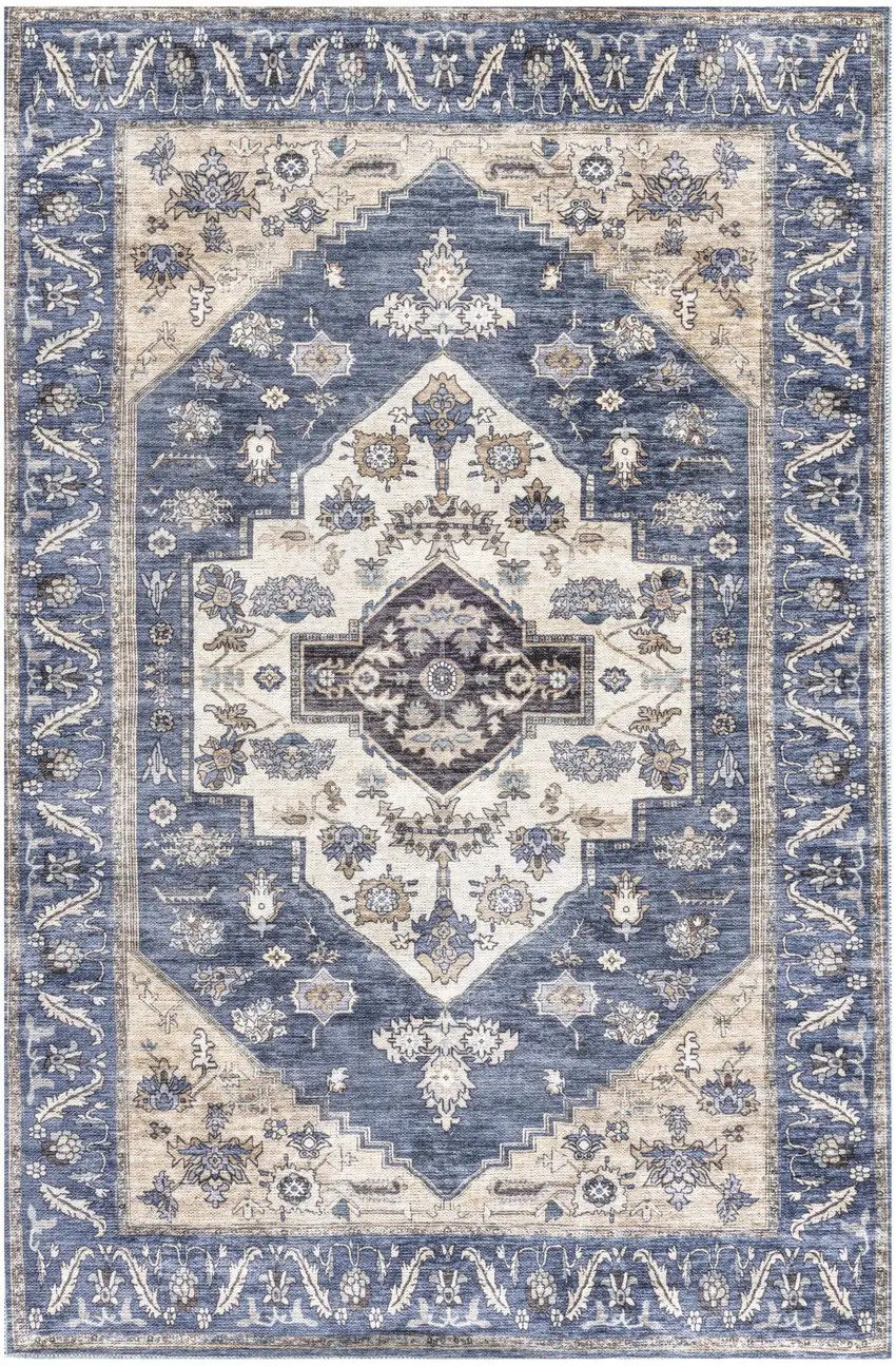 Blue and Beige Oriental Power Loom Distressed Washable Non Skid Area Rug Photo 1