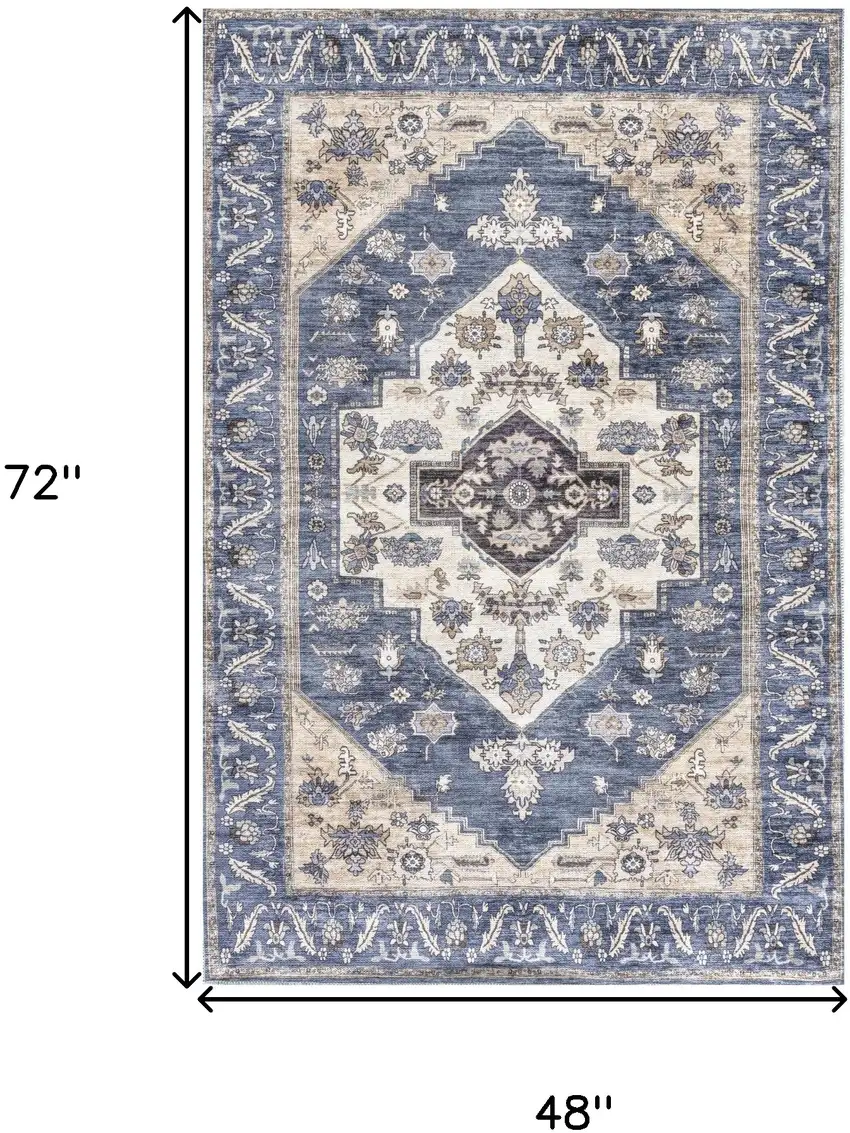 Blue and Beige Oriental Power Loom Distressed Washable Non Skid Area Rug Photo 10