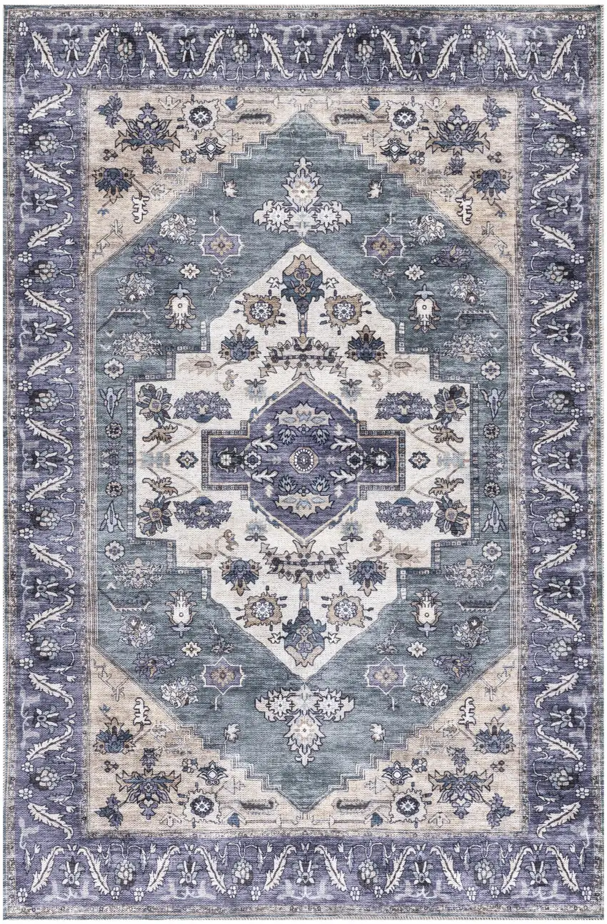 Blue and Beige Oriental Power Loom Distressed Washable Non Skid Area Rug Photo 1