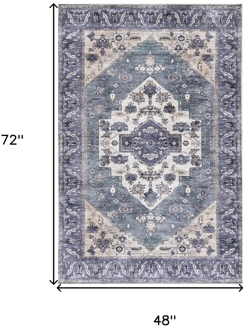 Blue and Beige Oriental Power Loom Distressed Washable Non Skid Area Rug Photo 10