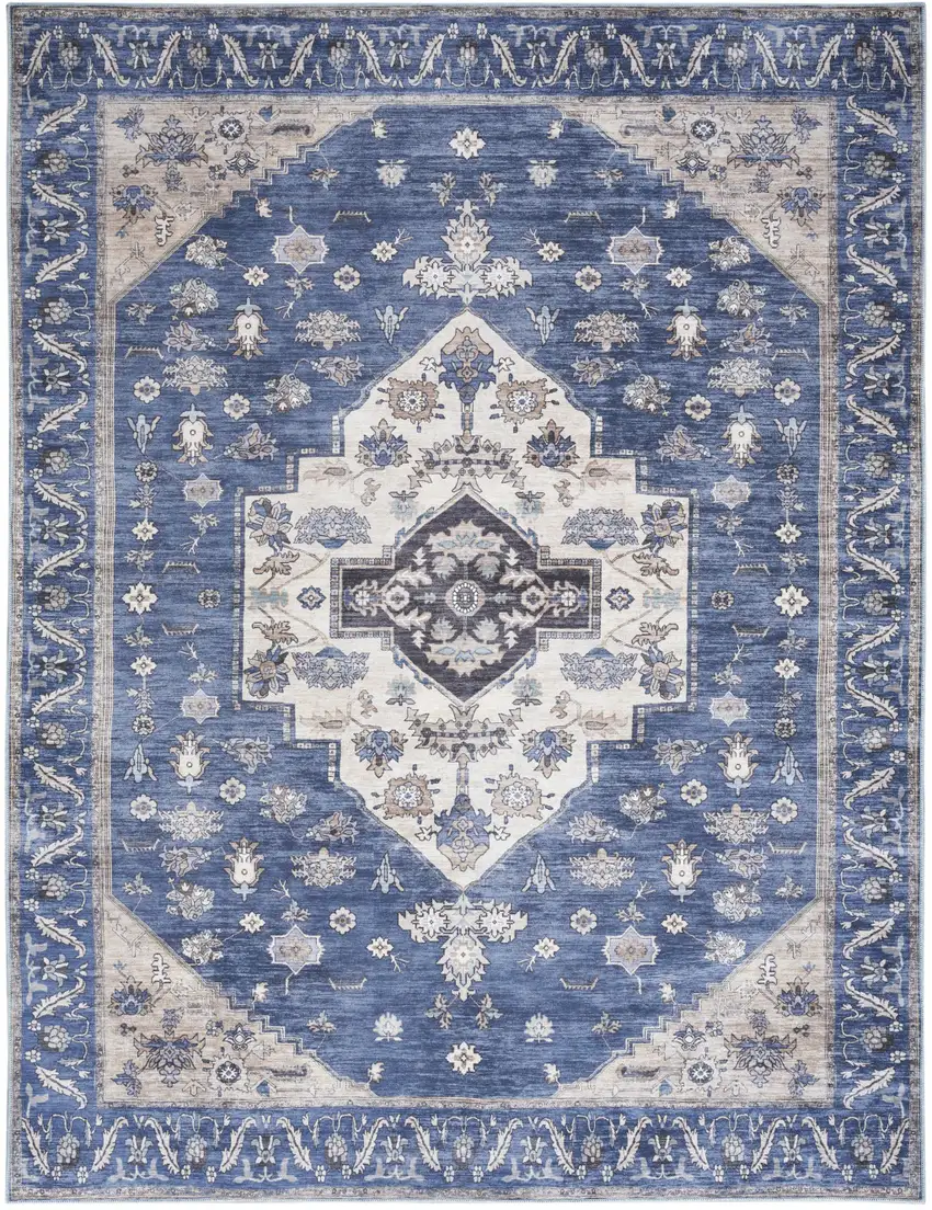 Blue and Beige Oriental Power Loom Distressed Washable Non Skid Area Rug Photo 1