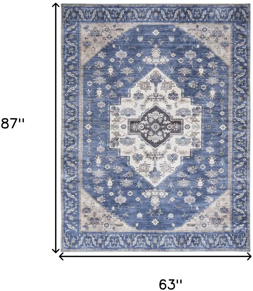 Blue and Beige Oriental Power Loom Distressed Washable Non Skid Area Rug Photo 10