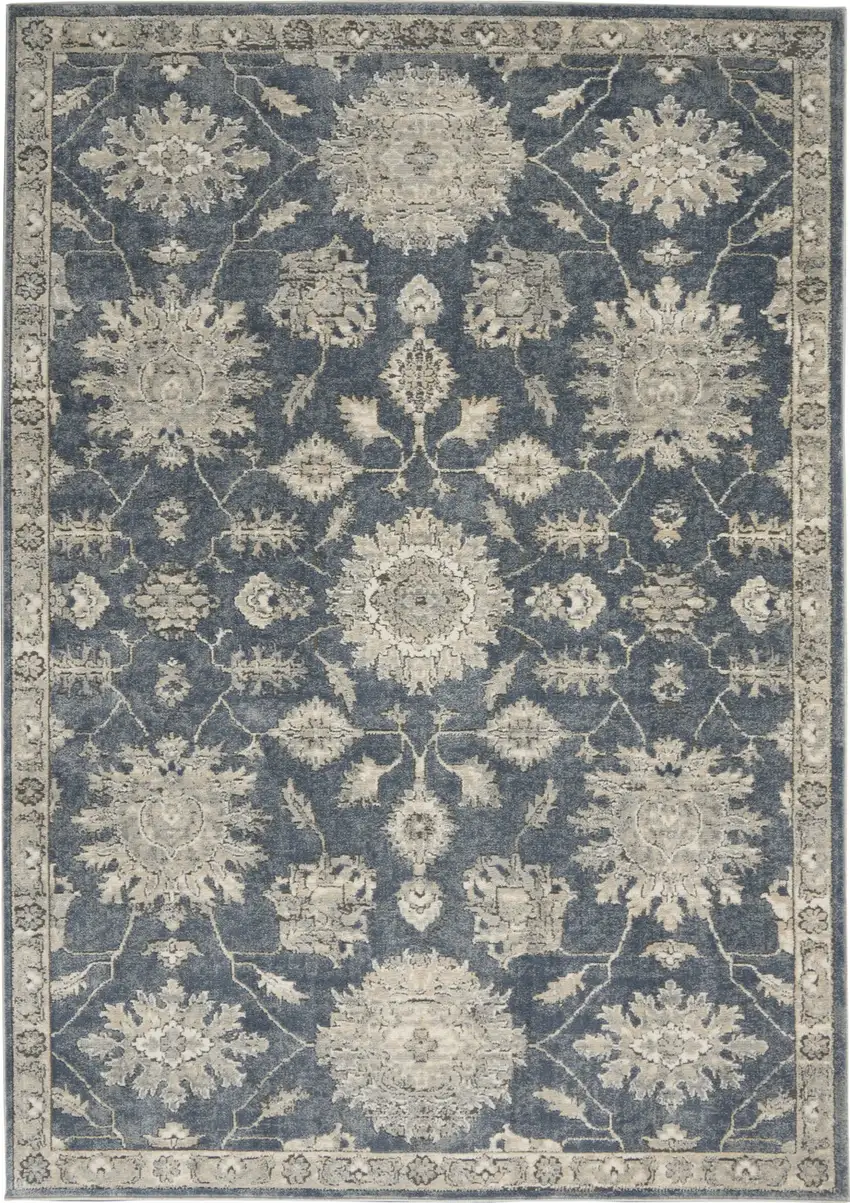Blue and Beige Oriental Power Loom Non Skid Area Rug Photo 1