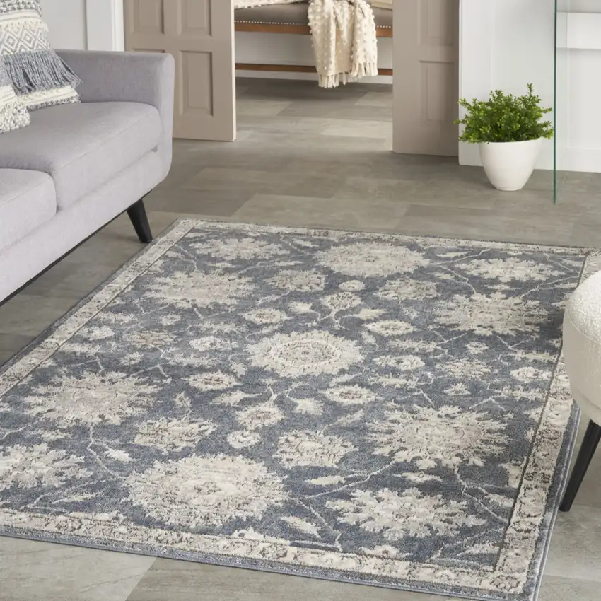 Blue and Beige Oriental Power Loom Non Skid Area Rug Photo 8