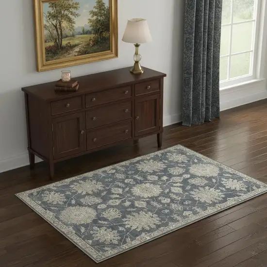 Blue and Beige Oriental Power Loom Non Skid Area Rug Photo 1
