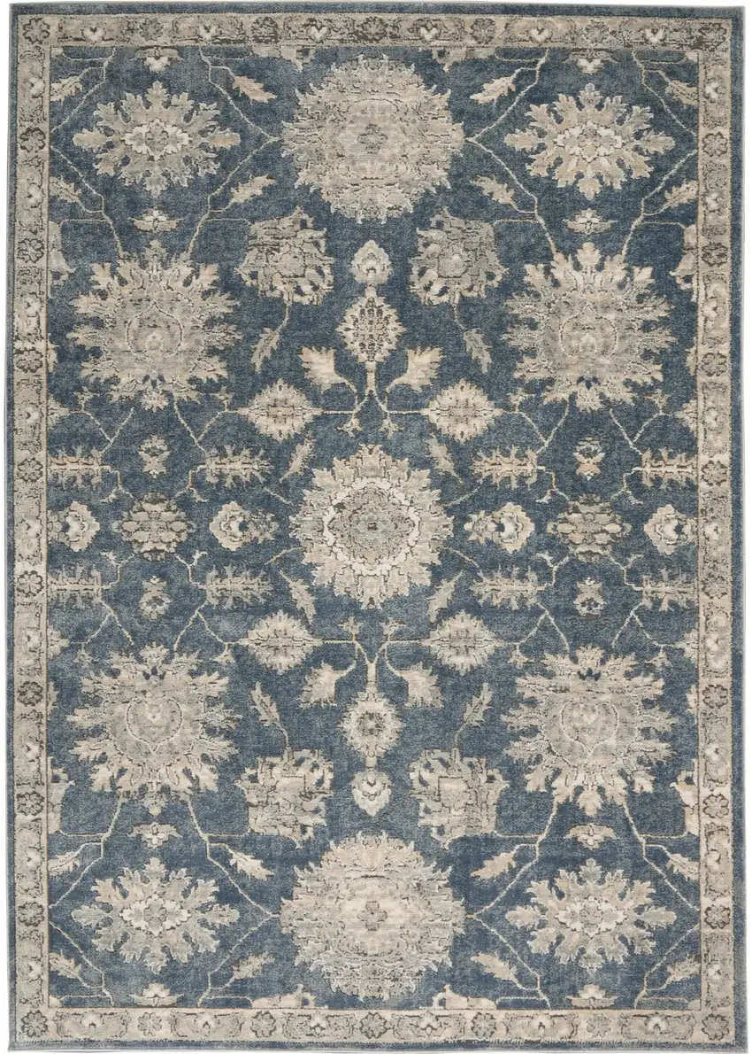 Blue and Beige Oriental Power Loom Non Skid Area Rug Photo 1