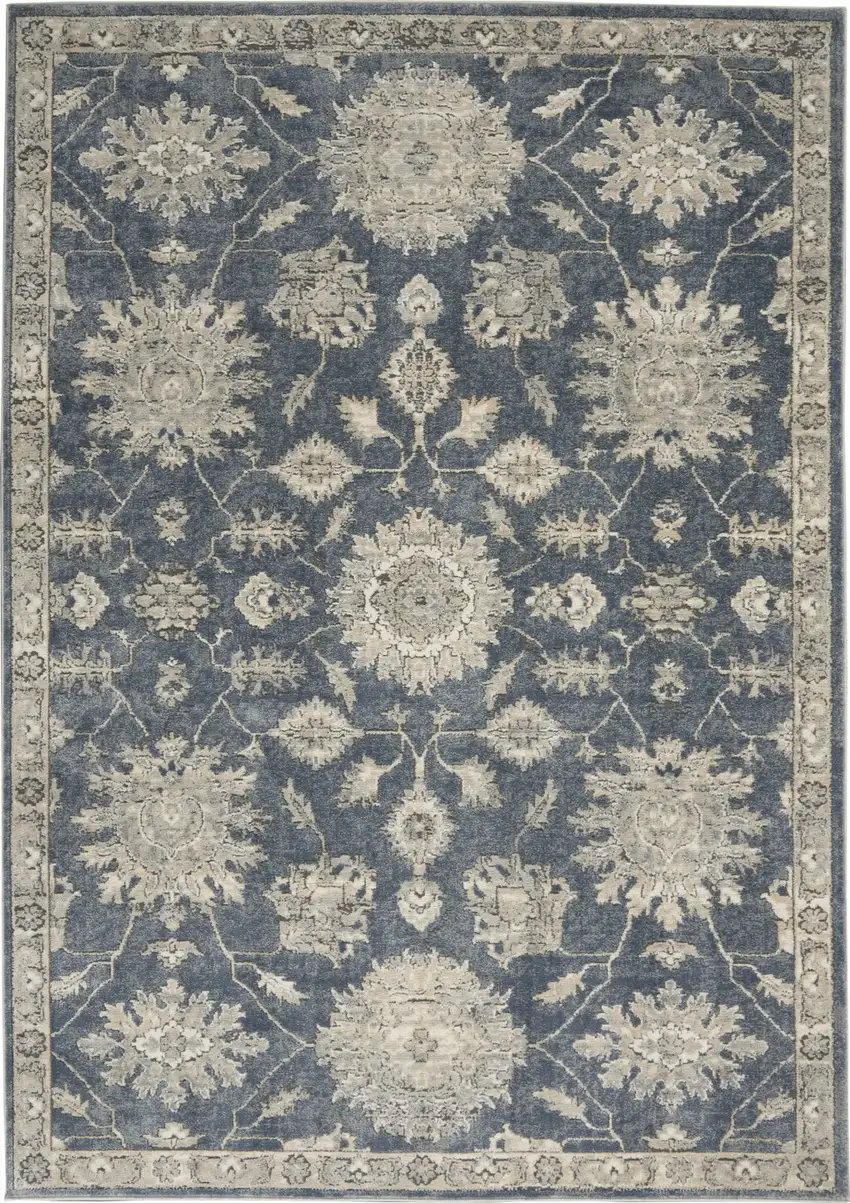 Blue and Beige Oriental Power Loom Non Skid Area Rug Photo 2